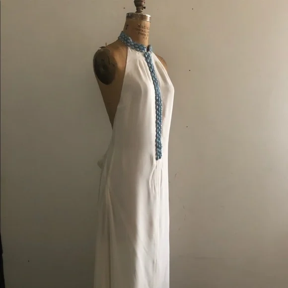 J.DOSI]Turquoise Embellishment Cream Silk Crepe Halter neck Backless Dress - Picture 10 of 16